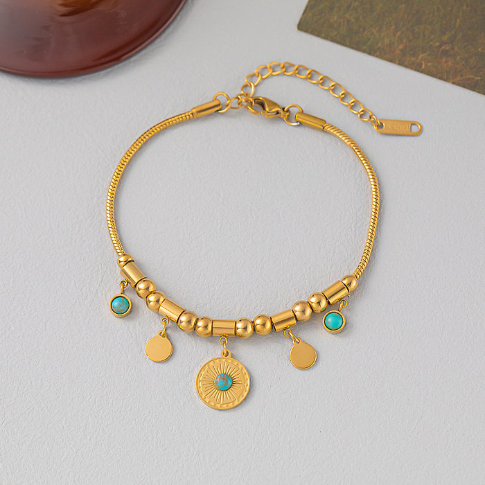 Collier de bracelets turquoise avec incrustation d'acier et de titane rond de style ethnique rétro