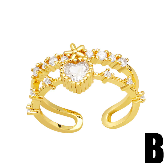 Simple Style Irregular Geometric Heart Shape Copper Gold Plated Zircon Open Ring 1 Piece