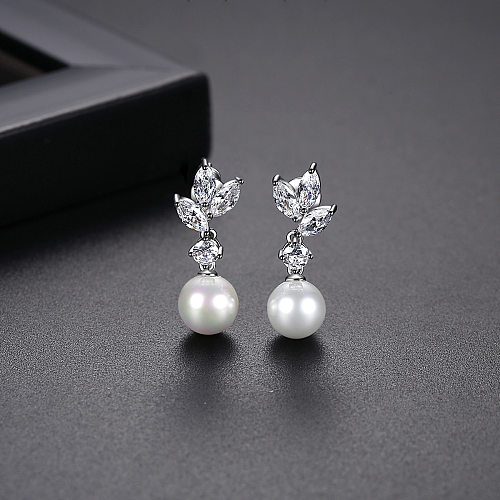 1 Pair Lady Leaf Artificial Pearl Copper Plating Inlay Zircon Drop Earrings