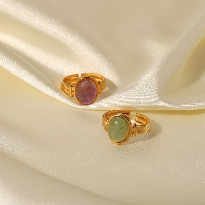Bague ouverte ovale en acier inoxydable, étanche, en or 18 carats, pierre semi-précieuse verte/violette, à la mode