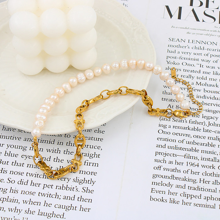 Simple Style Color Block Stainless Steel Freshwater Pearl Beaded Bracelets Necklace