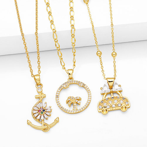 Fashion Simple Style Coconut Tree Anchor Copper Plating Inlay Zircon 18K Gold Plated Necklace