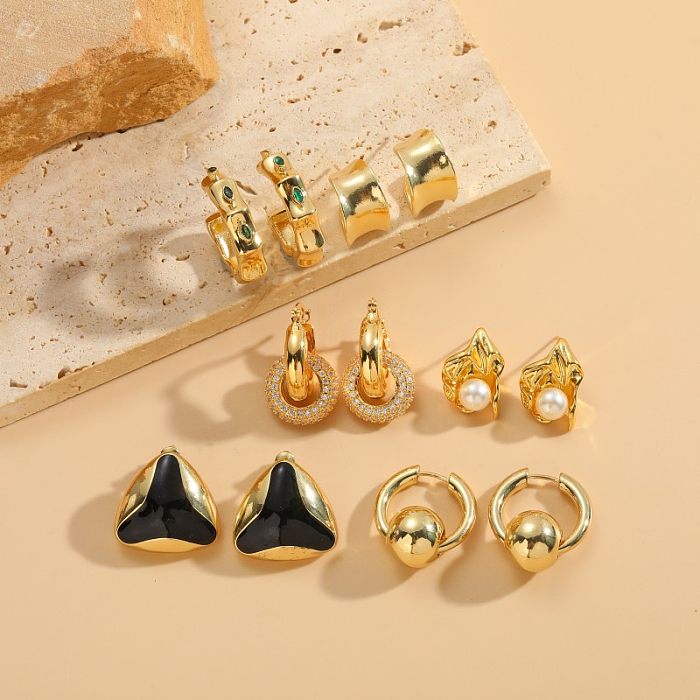 Boucles d'oreilles plaquées or 1 carats, 14 paire, Style Simple, rond irrégulier, incrustation de perles de cuivre et de Zircon