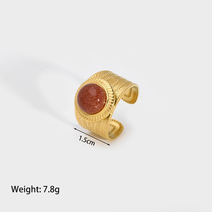 Classical Vintage Style Solid Color Stainless Steel Plating Inlay Natural Stone 18K Gold Plated Open Rings