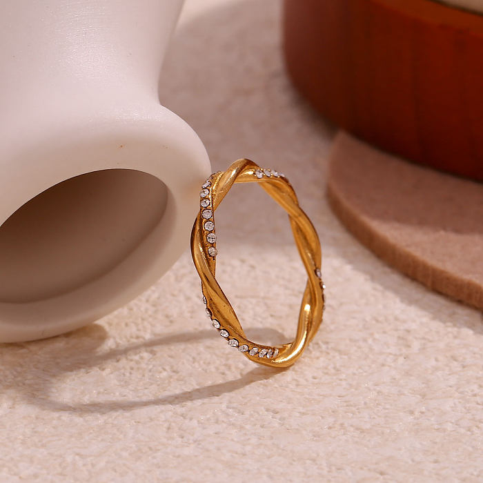 Simple Style Solid Color Stainless Steel Plating Inlay Rhinestones 18K Gold Plated Rings