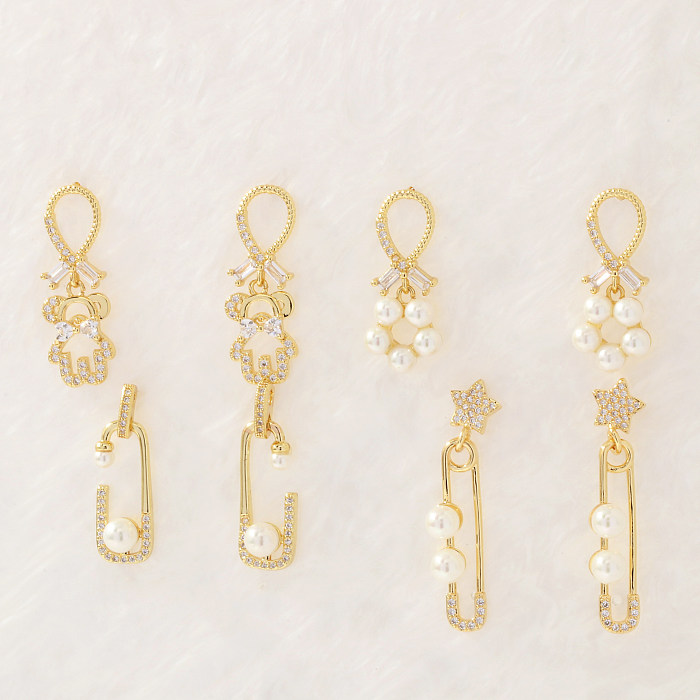 1 Pair Cute Sweet Cartoon Paper Clip Plating Inlay Imitation Pearl Copper Zircon 18K Gold Plated Drop Earrings