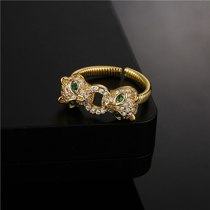 Fashion Double-headed Jaguar Copper Micro-inlaid Opening Ring