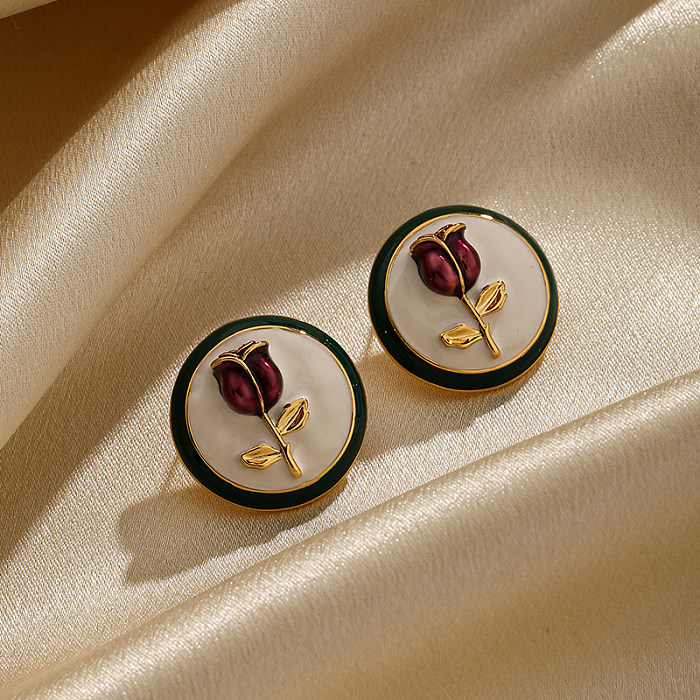 1 Pair IG Style Round Rose Painted Enamel Plating Copper 18K Gold Plated Ear Studs