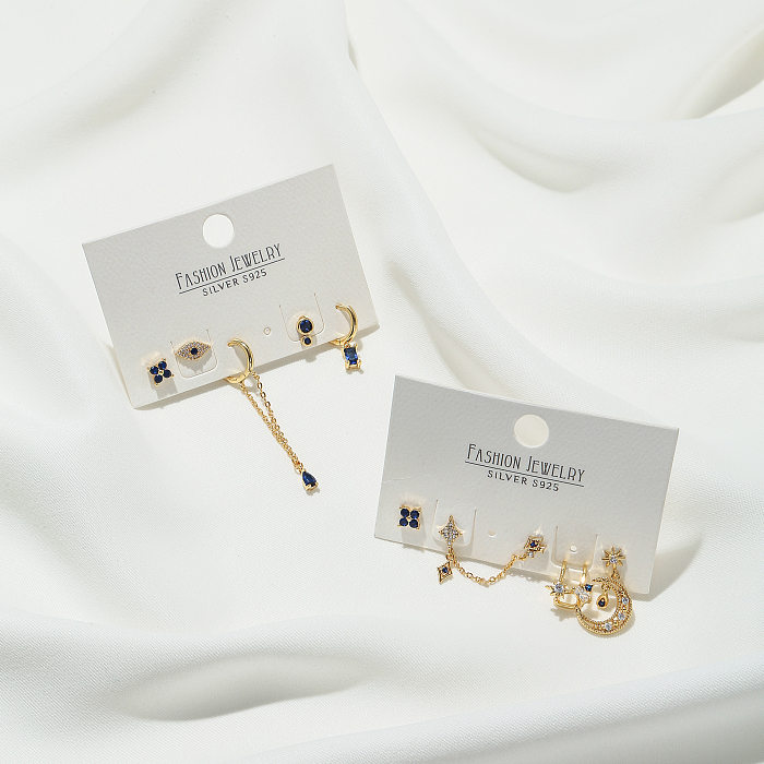 Blue Black Zircon Earings Set Fashion Refined Copper 5-Piece Earrings Set
