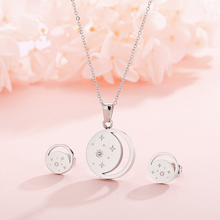 New Fashion Stainless Steel Necklace Star Moon Earring Set Wholesale jewelry