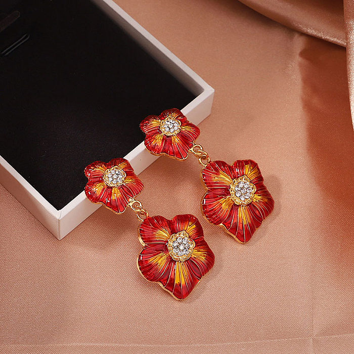 1 Pair Retro Sweet Flower Painted Plating Inlay Copper Zircon 18K Gold Plated Drop Earrings