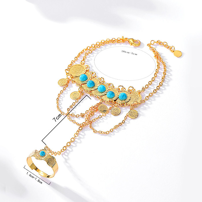 Jóias étnicas retrô fashion banhadas a cobre ouro 18k dupla camada anel pulseira corrente integrada