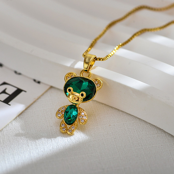 Classic Style Little Bear Copper Zircon Pendant Necklace In Bulk