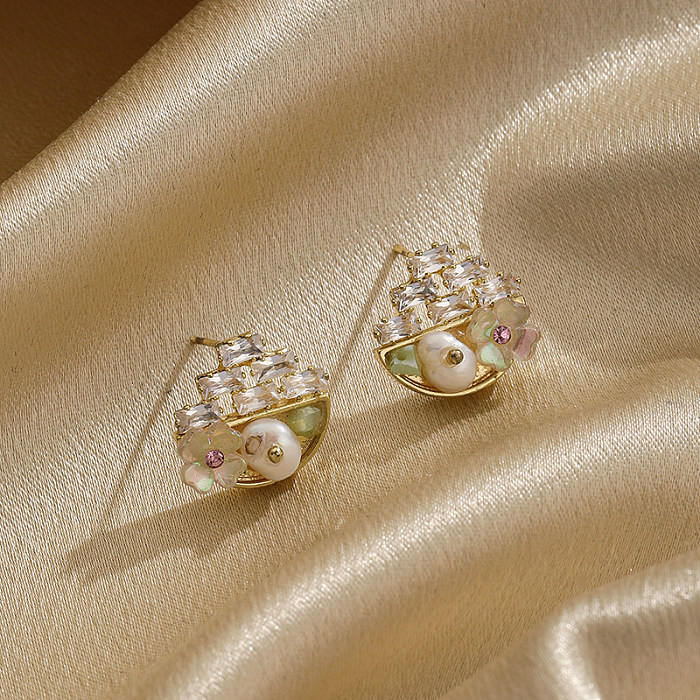 1 par de pendientes chapados en oro de 18 quilates con incrustaciones de flores de Cactus estilo IG estilo Simple circonita perla de cobre