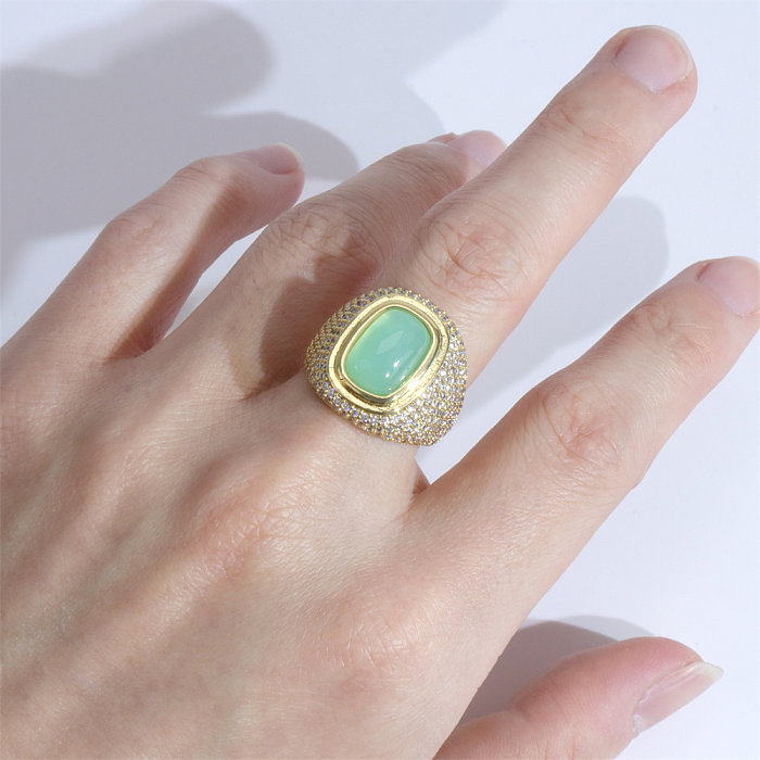 Offener Ring im Vintage-Stil, rechteckig, Kupfer-Inlay, künstliche Edelsteine, Zirkon, vergoldet