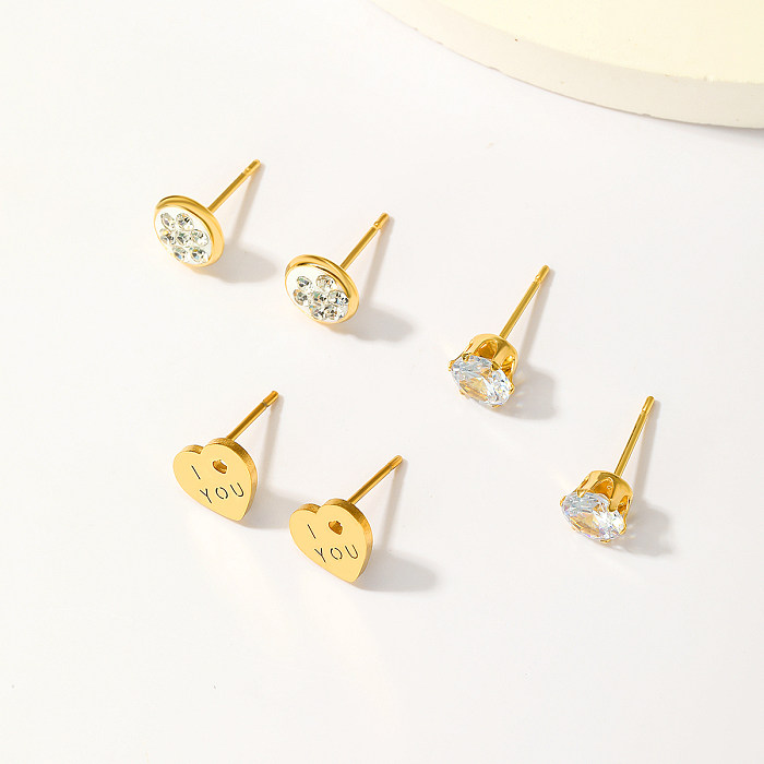 3 Pairs Sweet Simple Style Round Heart Shape Plating Inlay Copper Zircon 18K Gold Plated Ear Studs