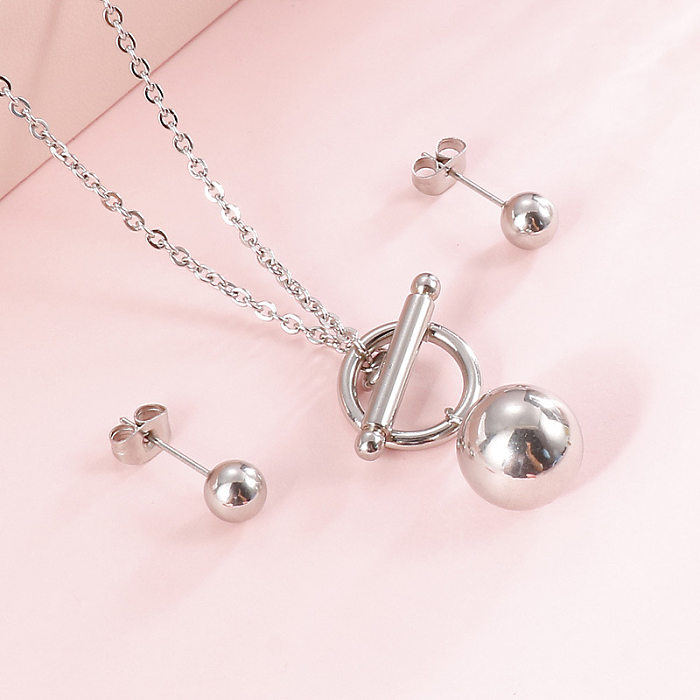 Simple Fashionable Golden Ball OT Buckle Necklace Earrings Stainless Steel Set Wholesale jewelry