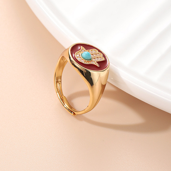 Anéis banhados a ouro de cristal turquesa com revestimento de cobre retrô palma
