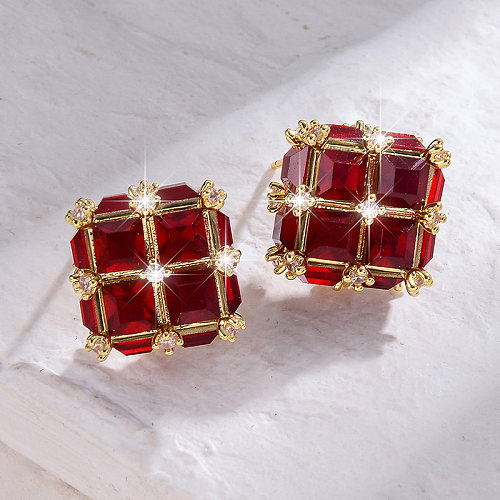 1 Pair Shiny Rubik'S Cube Plating Inlay Copper Zircon 14K Gold Plated Ear Studs