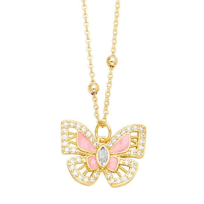 INS Style Butterfly Copper Enamel Plating Inlay Zircon 18K Gold Plated Pendant Necklace