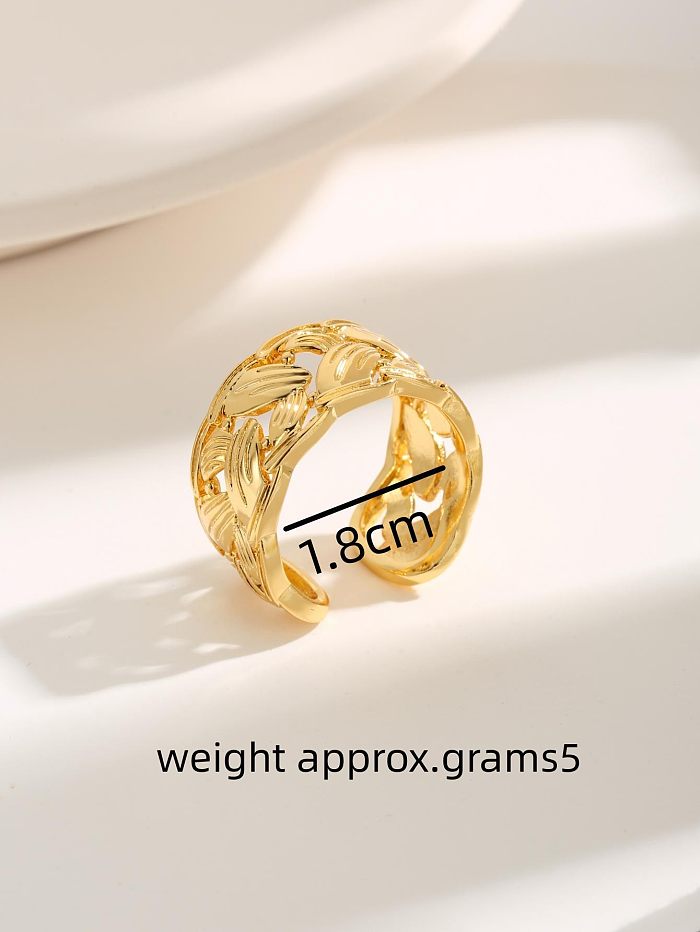 Vintage Style Simple Style Leaves Solid Color Copper Plating Hollow Out 18K Gold Plated Open Rings