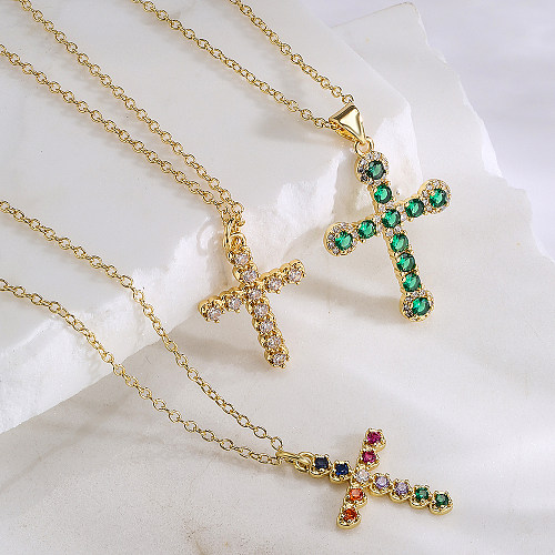 Modische Kreuz-Kupfer-vergoldete Zirkon-Anhänger-Halskette, 1 Stück