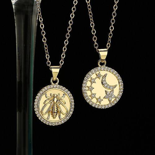 Künstlerische Anhänger-Halskette mit Insekt-Stern-Mond-Kupferbeschichtung, Inlay aus Zirkon, 18 Karat vergoldet