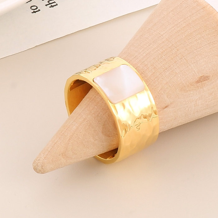 Vintage Style Round Square Titanium Steel Plating Inlay Shell 18K Gold Plated Rings