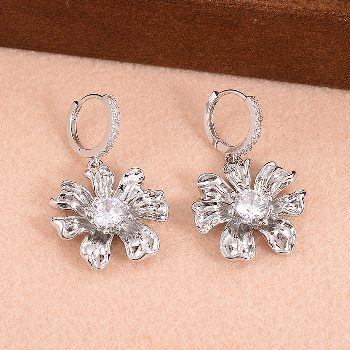 1 Pair Glam Flower Plating Inlay Copper Zircon Gold Plated Drop Earrings