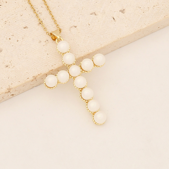 Vintage Style Cross Oval Stainless Steel Copper Artificial Pearls Zircon Pendant Necklace In Bulk