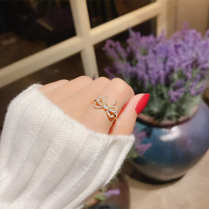 Cute Bow Knot Copper Inlay Zircon Rings