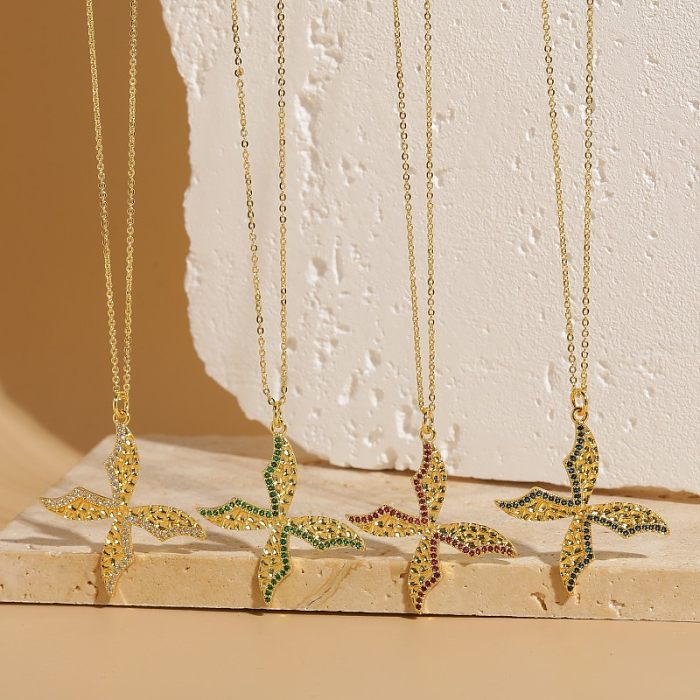 Elegante estilo clássico trevo de quatro folhas chapeamento de cobre incrustação zircão colar banhado a ouro 14K