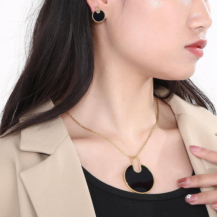 Modische runde Damen-Ohrring-Halskette mit Titan-Stahlbeschichtung