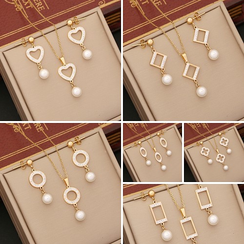 Simple Style Commute Round Heart Shape Rectangle Stainless Steel Plating Hollow Out Inlay Pearl Zircon Jewelry Set