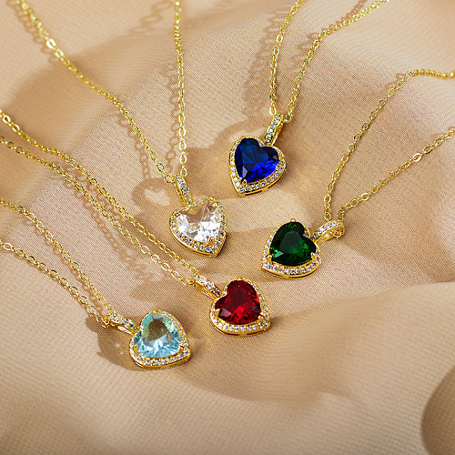 Elegant Shiny Heart Shape Copper Plating Inlay Zircon Gold Plated Pendant Necklace