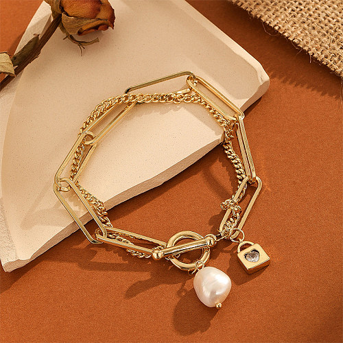 Elegant Roman Style Streetwear Heart Shape Lock Freshwater Pearl Copper Bracelets