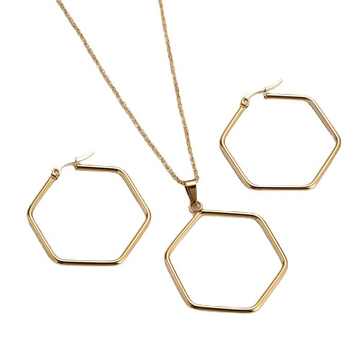 Ensemble de boucles d'oreilles et collier Hexagonal en acier inoxydable brillant coréen, vente en gros
