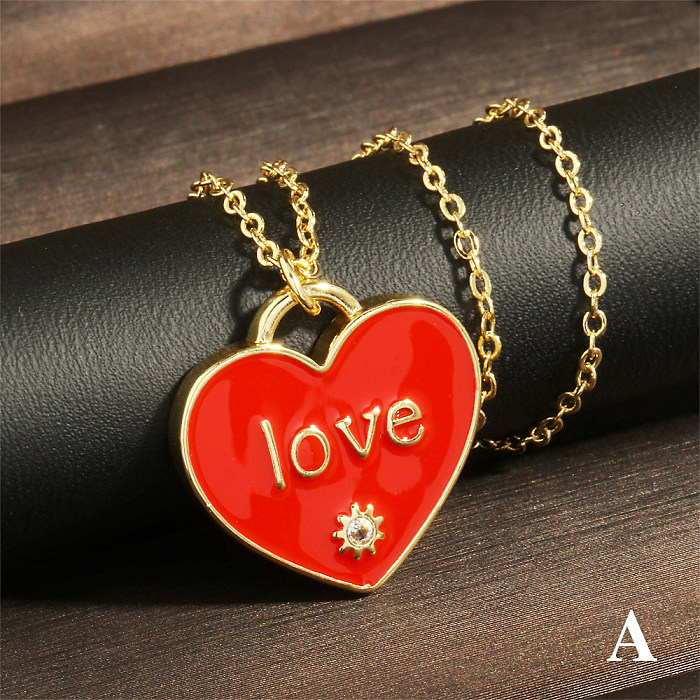 Elegant Sweet Letter Heart Shape Copper Enamel Plating Inlay Zircon 18K Gold Plated Pendant Necklace