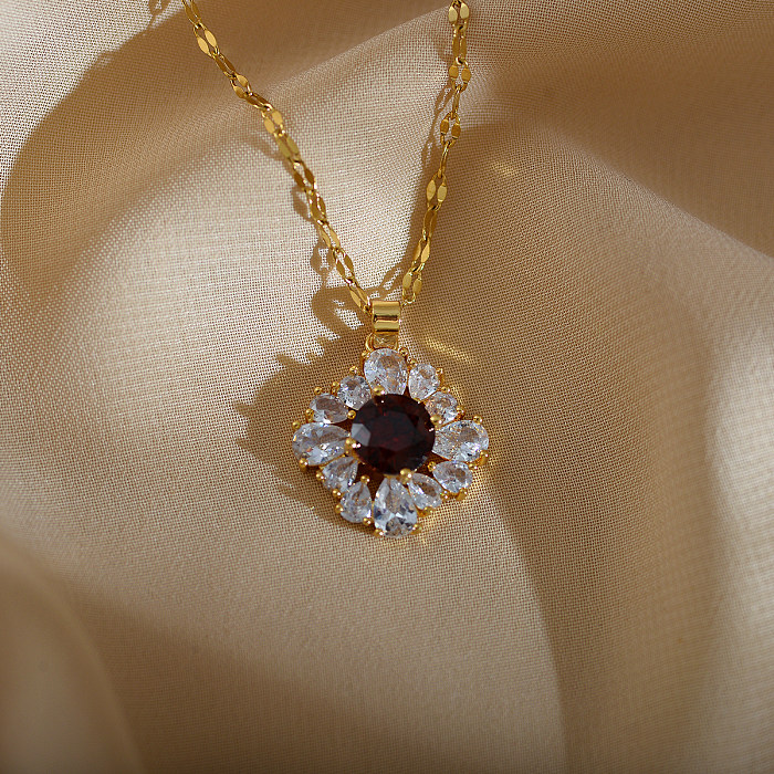 Simple Style Shiny Round Rhombus Titanium Steel Copper Inlay Zircon Pendant Necklace