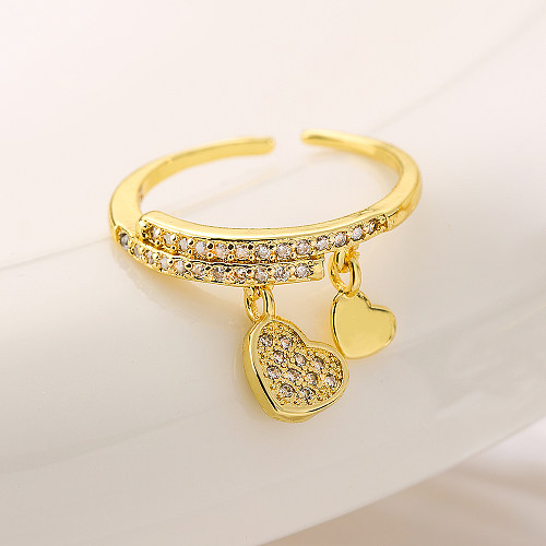Shiny Heart Shape Lock Copper Plating Inlay Zircon 18K Gold Plated Charm Ring Open Ring