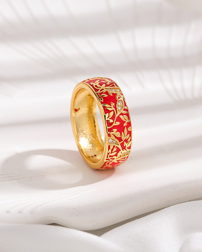 Elegante Vintage-Stil-Blätter-Kupfer-Epoxidbeschichtung-Inlay-Zirkon-18-Karat-vergoldete Ringe