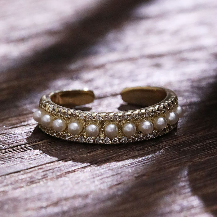 Anéis abertos de pérola com embutimento de cobre geométrico estilo clássico estilo simples