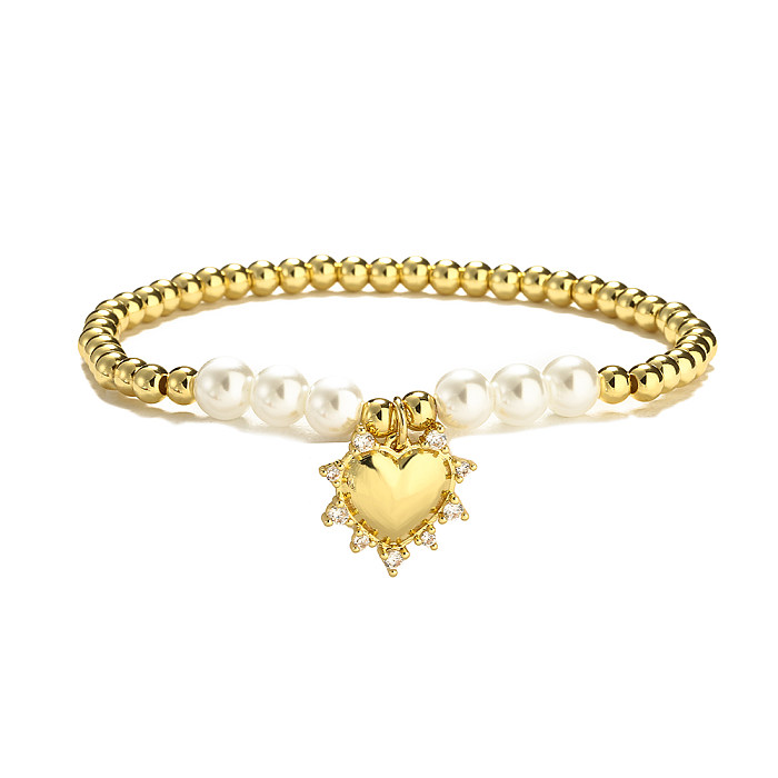 Schlichter Stil, herzförmig, verkupfert, künstliche Perlen, Zirkon, 18 Karat vergoldete Armbänder