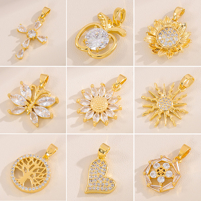 Cute Handmade Shiny Sunflower Leaves Heart Shape Brass 18K Gold Plated Zircon Charms In Bulk