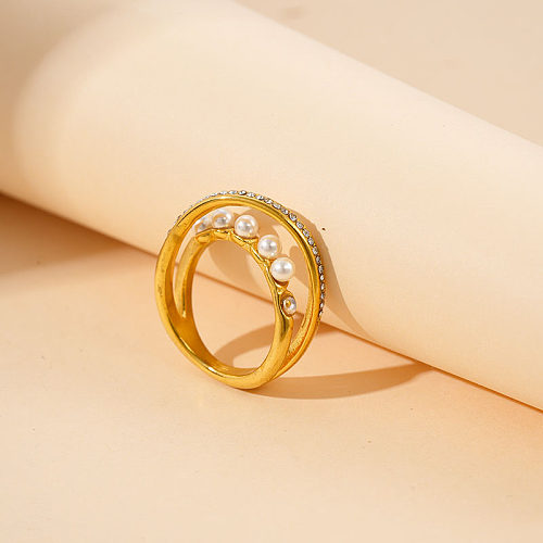 Wholesale Casual Simple Style Double Ring Round Stainless Steel Plating Inlay Gold Plated Pearl Diamond Rings