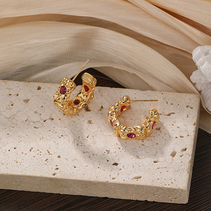 1 paire de clous d'oreilles plaqués or 18 carats, Style Vintage, Style Simple, incrustation géométrique en cuivre et Zircon