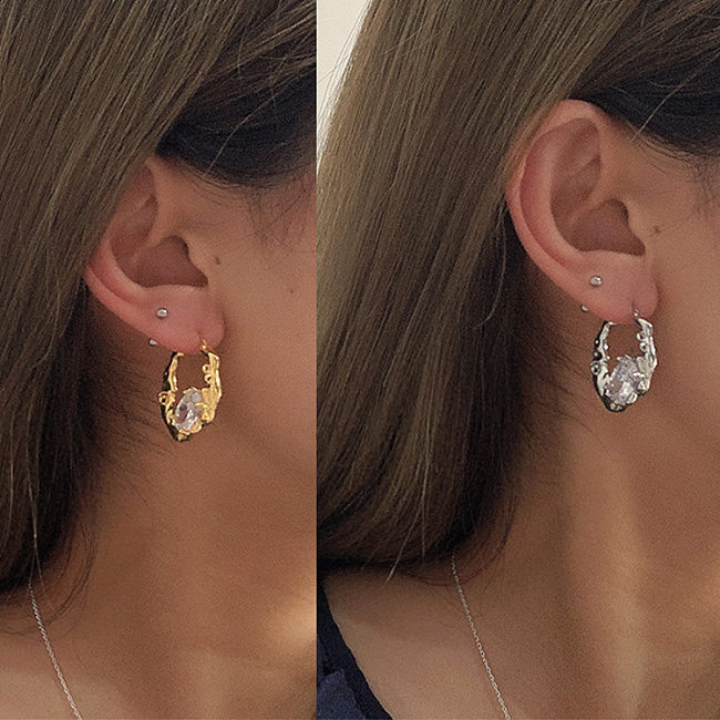 1 paire de boucles d'oreilles en cuivre et Zircon avec incrustation géométrique pour femme