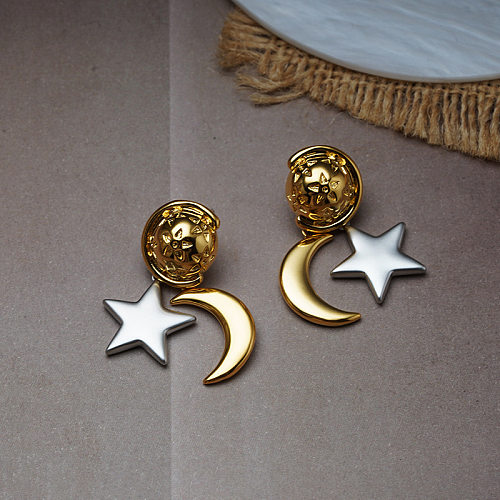 1 paire de boucles d'oreilles pendantes en cuivre plaqué étoile et lune, Style Simple