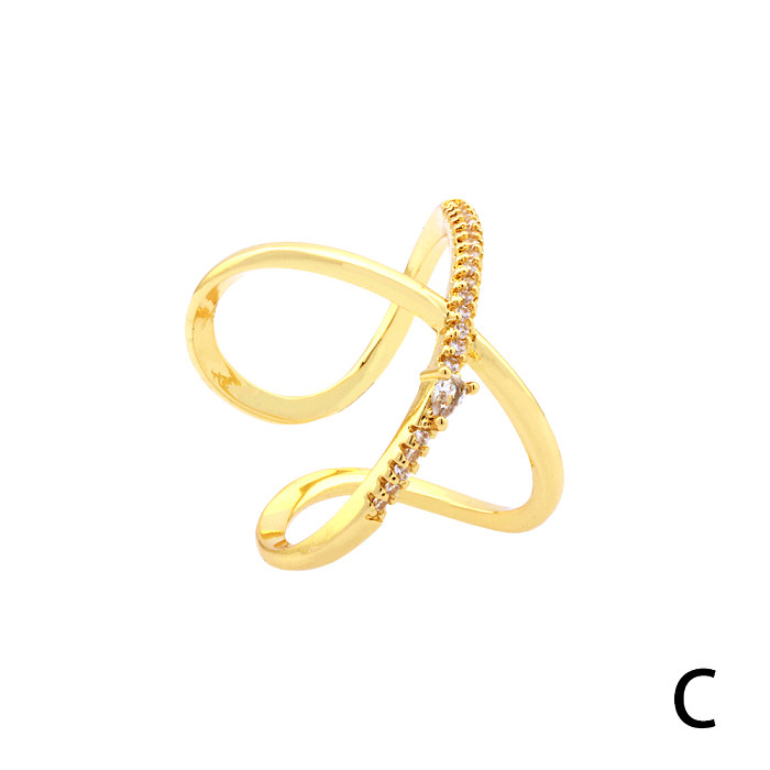 Simple Style Cross Lines Copper Plating Inlay Zircon 18K Gold Plated Open Rings