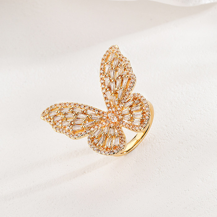 Modischer offener Ring mit Schmetterlingsmotiv, Kupfer, vergoldet, Zirkon, 1 Stück